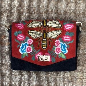 Free People Leather Red and Black Crossbody Bag with Embroidery